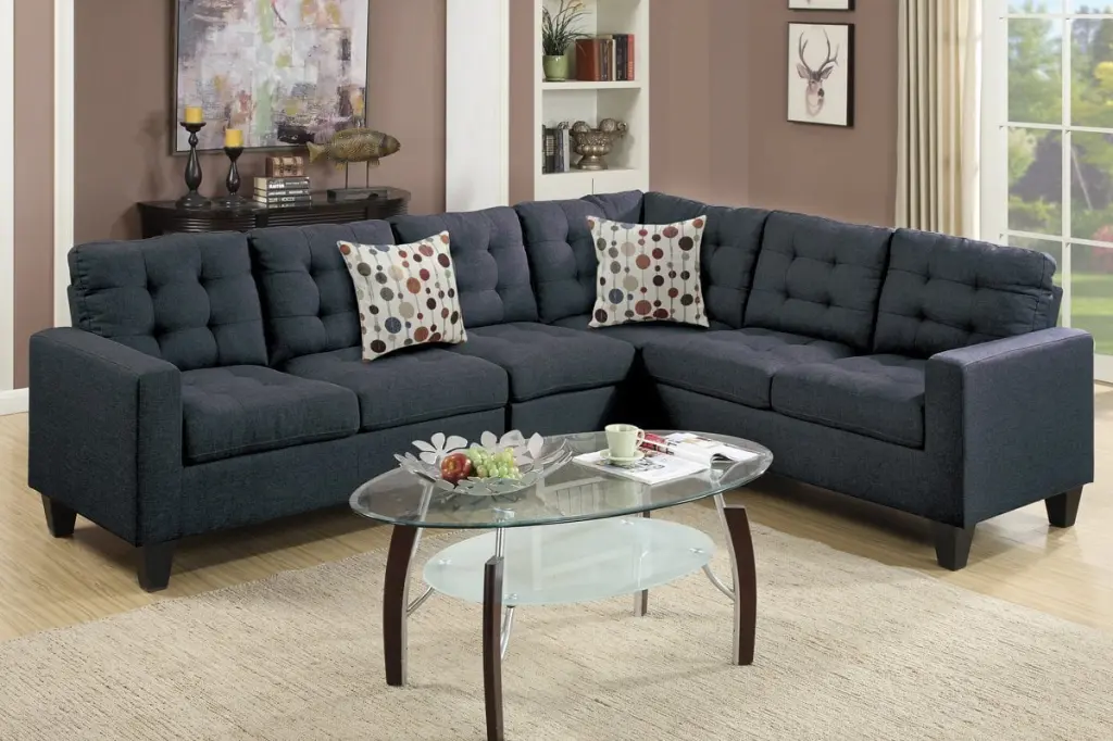 Modern Black Linen-Like Fabric Reversible Sectional Sofa Set Tufted Back and 2 Pillows Amazing Choice