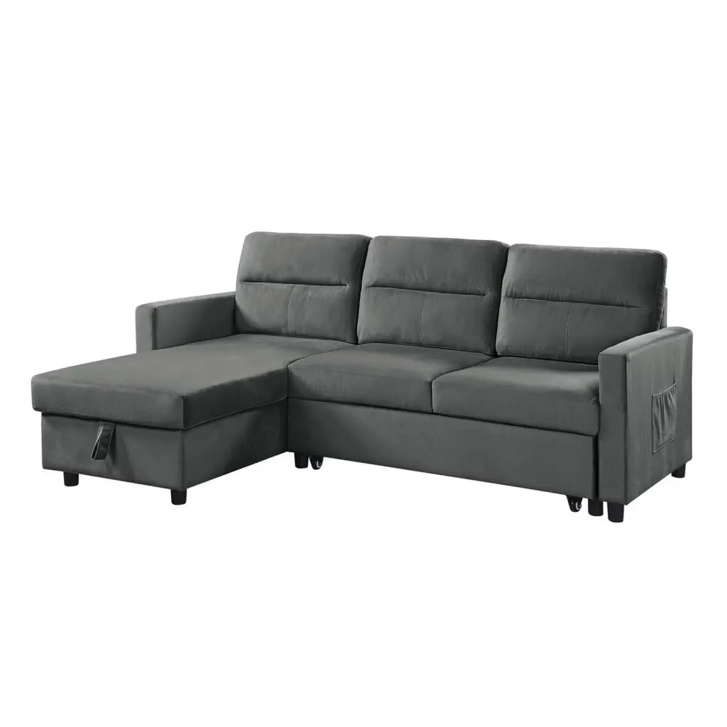 Benjara Ami 82 Inch Reversible Sleeper Sectional Sofa Side Pocket Gray Velvet