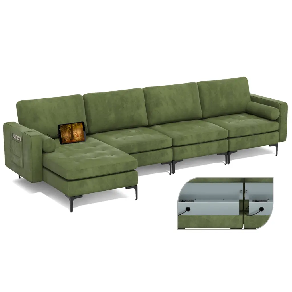 Costway Modular L-Shaped Sectional Sofa Reversible Chaise 4 USB Ports Army Green