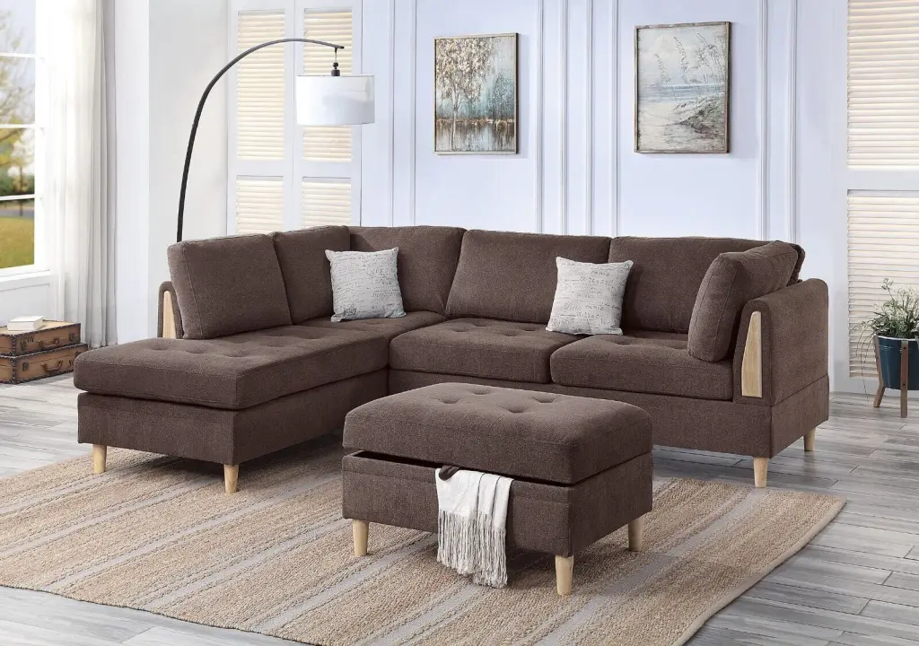 Simple Modern 3pc Sectional Set Chocolate Chenille Fabric Reversible Chaise and Ottoman Esofastore
