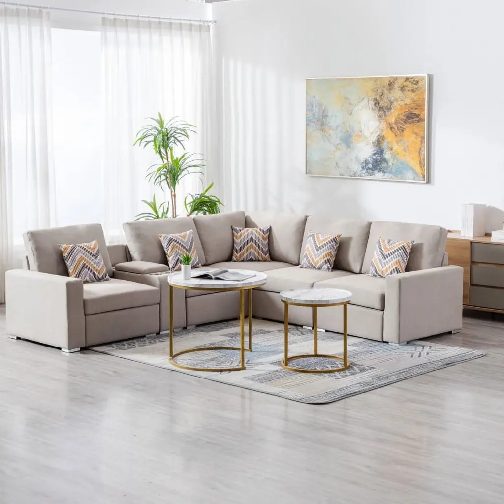 Nolan 106 Beige Linen Fabric 6Pc Reversible Sectional Sofa USB Ports and Storage Ghislaine