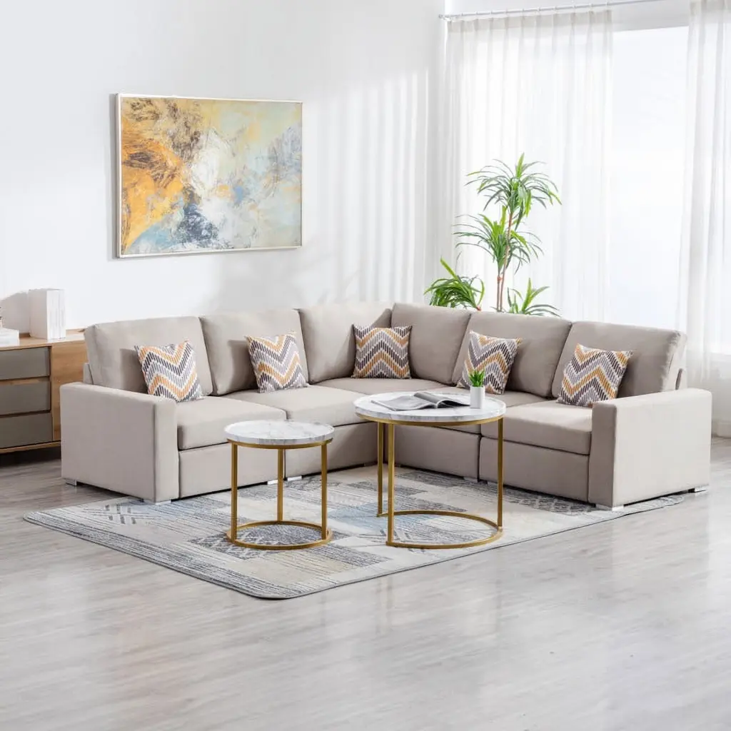 Nolan 95.5 Beige Linen Fabric 5Pc Reversible Sectional Sofa Pillows and Interchangeable Legs Ghislaine