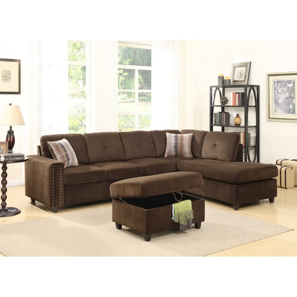 HomeRoots 285950 Chocolate Velvet Reversible Sectional Sofa Pillows 79 x 33 x 36 Inches