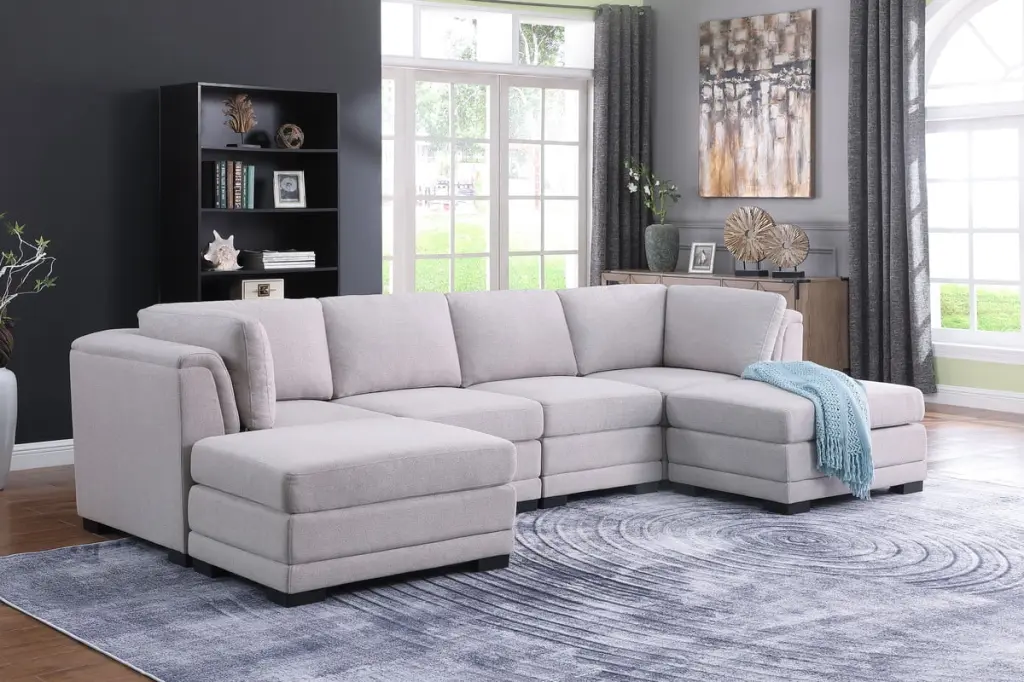 Kristin Light Gray Linen Fabric Reversible Sectional Sofa 2 Ottomans Lilola Home