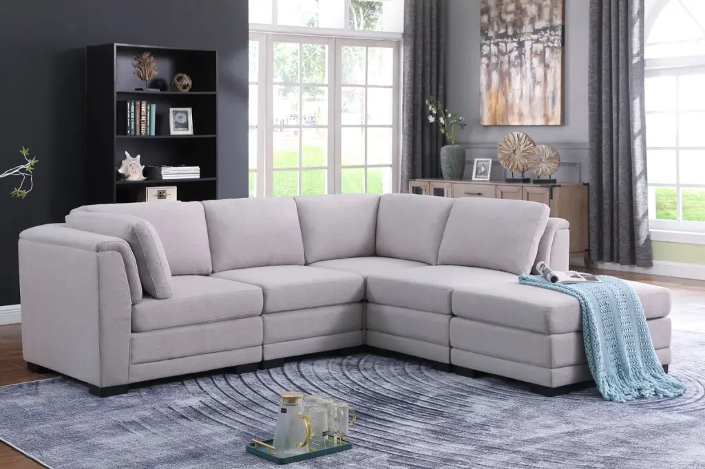 Kristin Light Gray Linen Fabric Reversible Sectional Sofa Ottoman Lilola Home