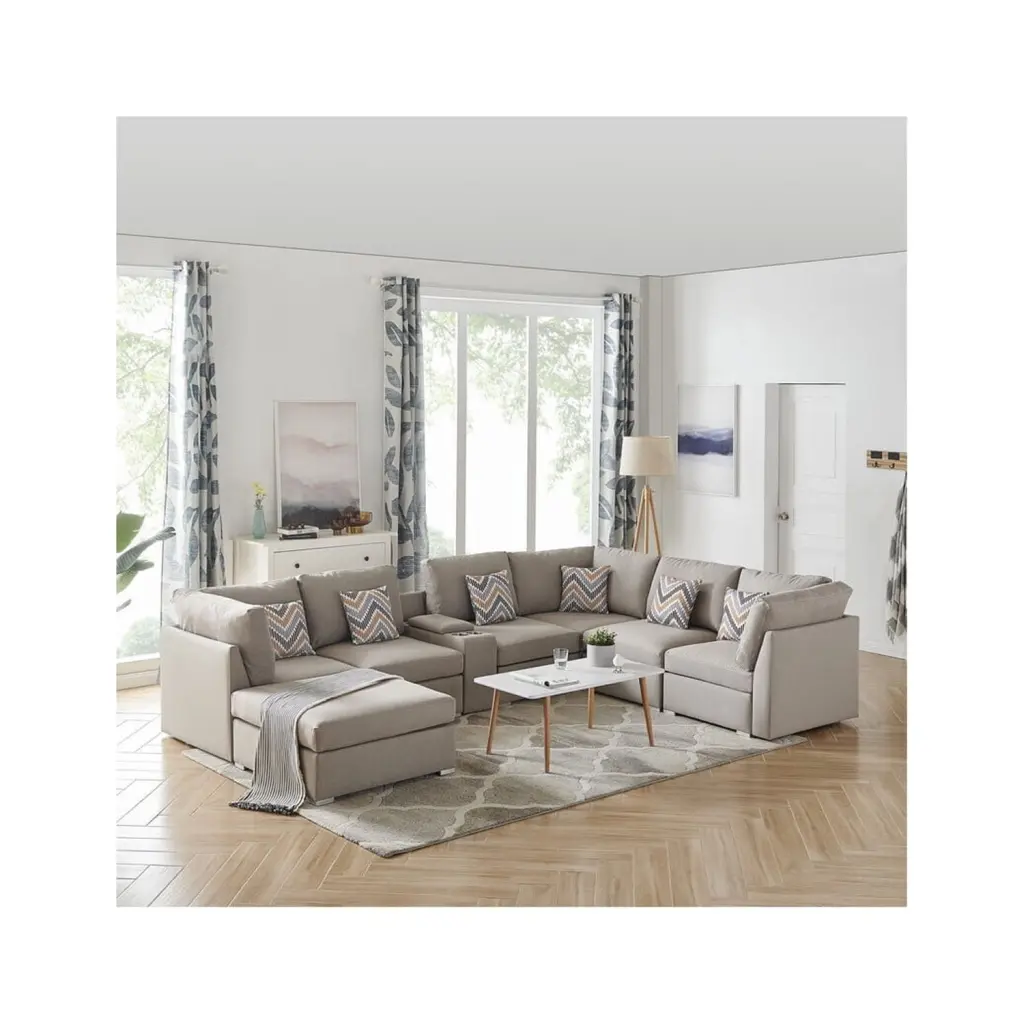 Maykoosh Renaissance Beige Fabric Modular Sectional Sofa USB Console and Ottoman