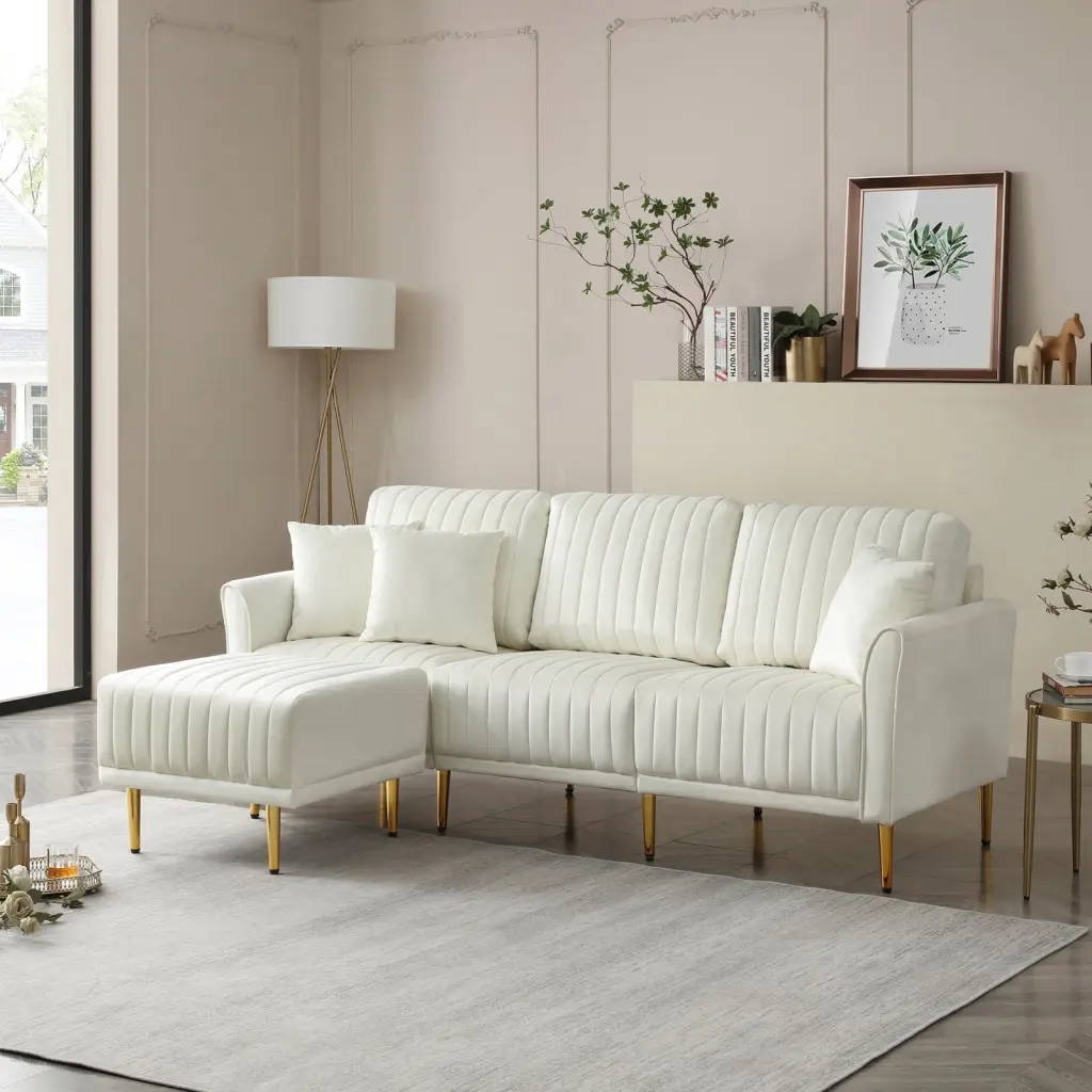 Reversible L-Shaped Cream Velvet Sectional Sofa Metal Legs Wodine