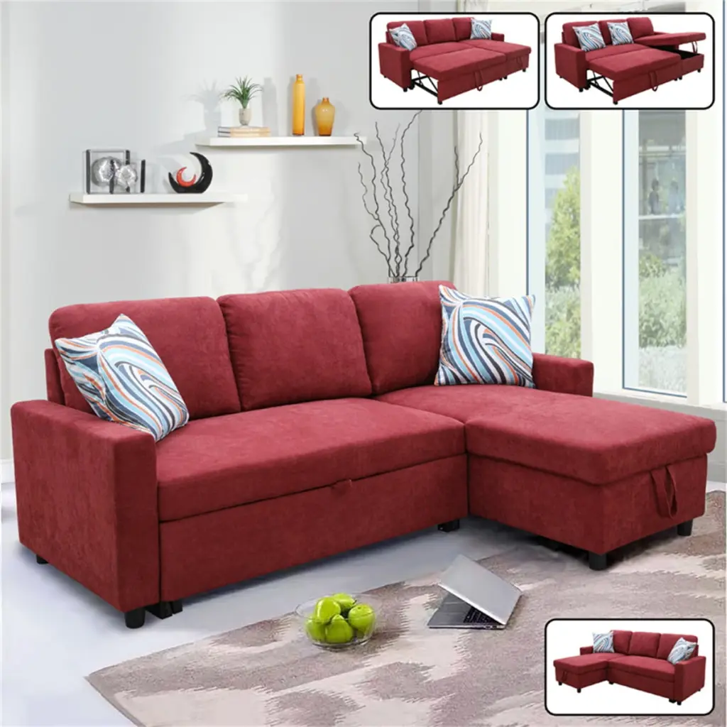 Hommoo Flannelette Reversible L-Shaped Sleeper Sofa Bed Storage Red