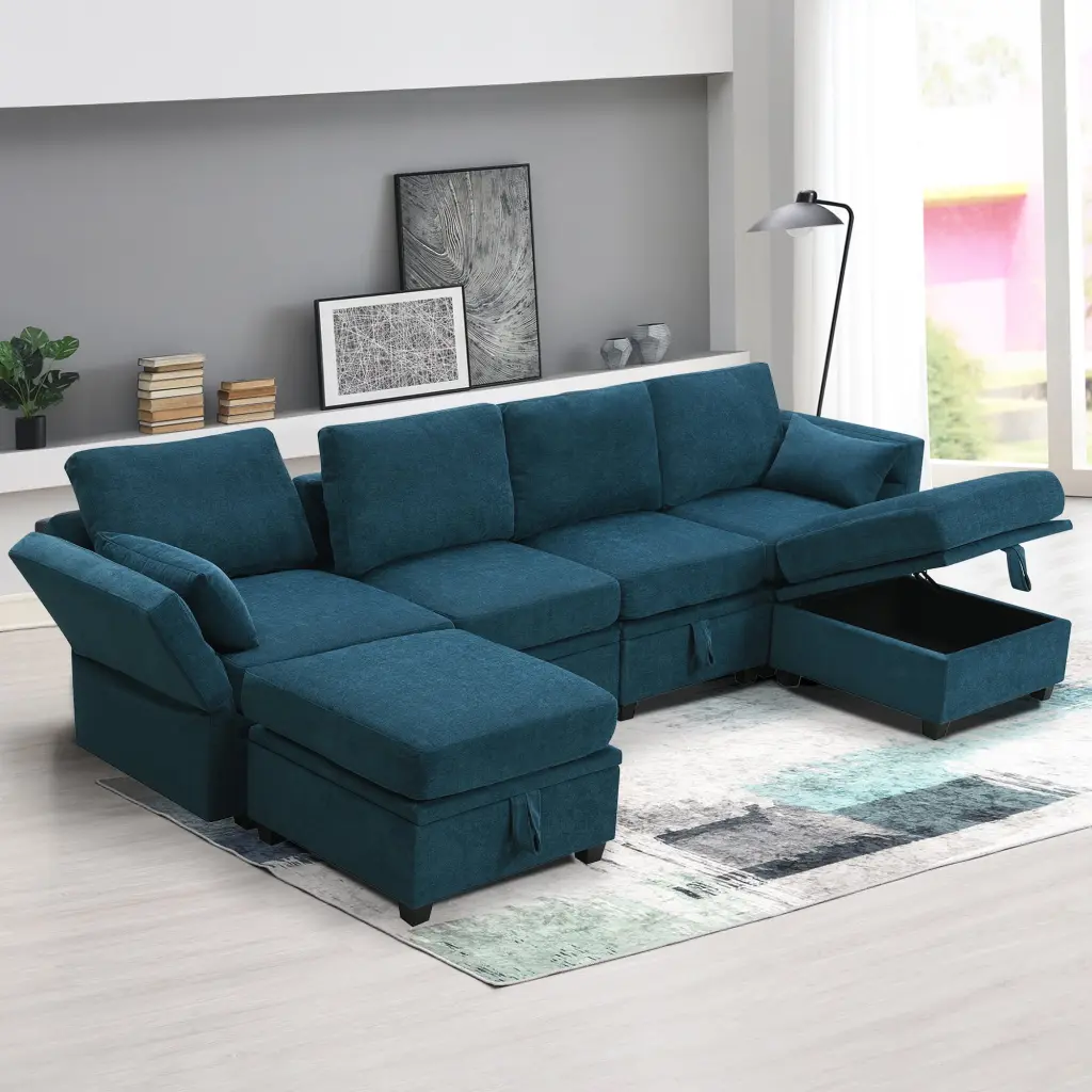 109 Inch Chenille Modular Sectional Sofa U Shaped Couch Adjustable Armrests and Storage Seats Ghislaine