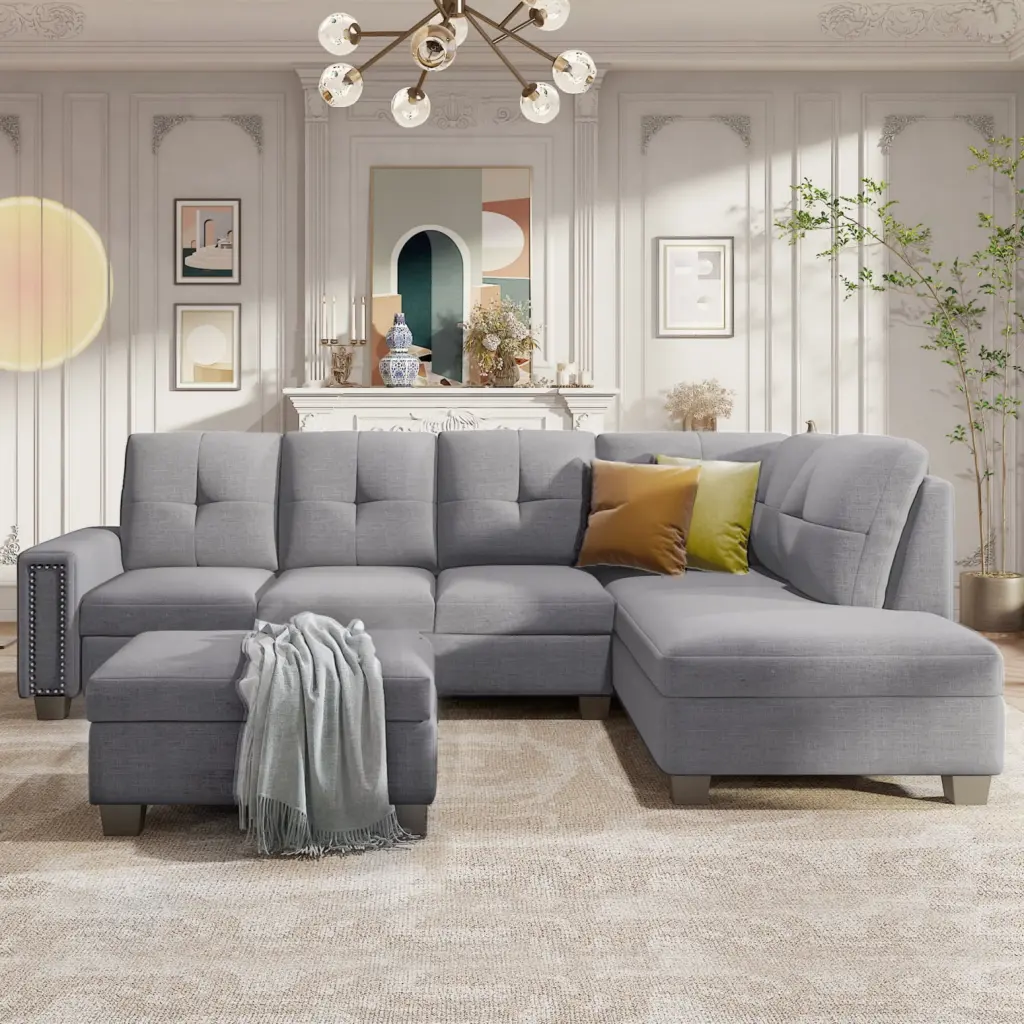 Reversible Sectional Sofa Storage Ottoman Light Grey Linen Upholstery Ponnky
