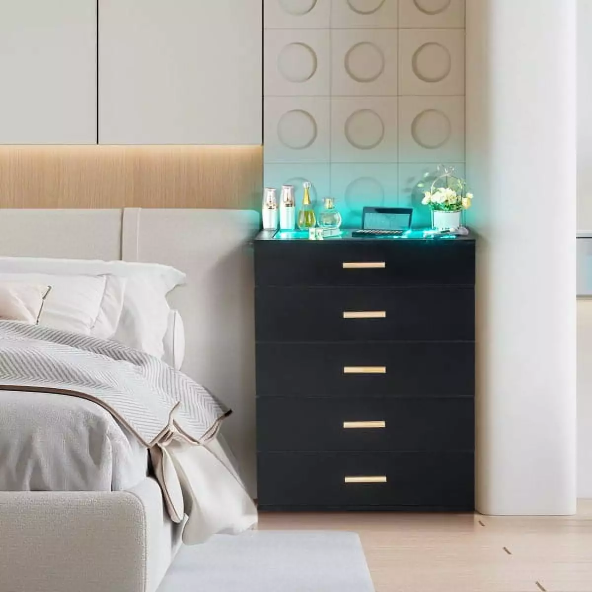 FCH Black Pitted Particleboard Drawer Cabinet RGB Light Tempered Glass 66x35x83cm YTTX