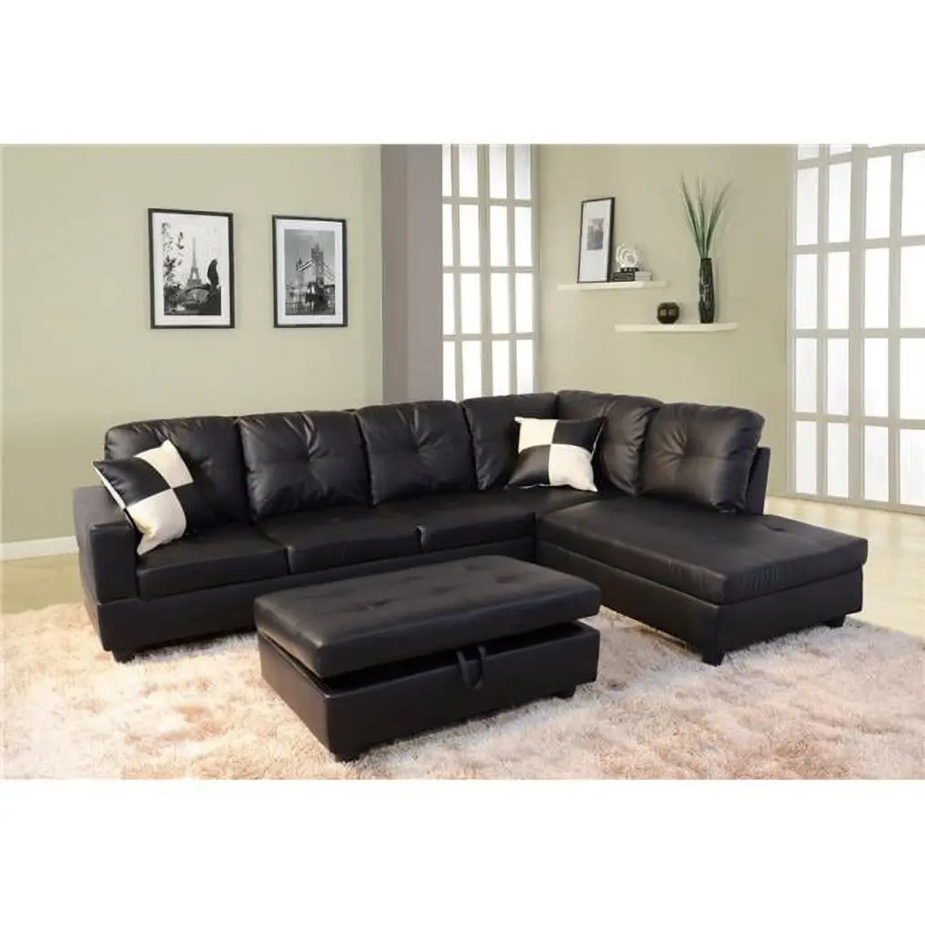 Beverly Fine Furniture Cavenzi DelcBlack Faux Leather Right-Facing Sectional Sofa Set