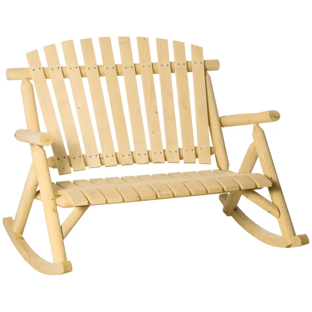 Double Wooden Porch Rocking Bench Heavy Duty Loveseat 2 Persons Natural Jamini
