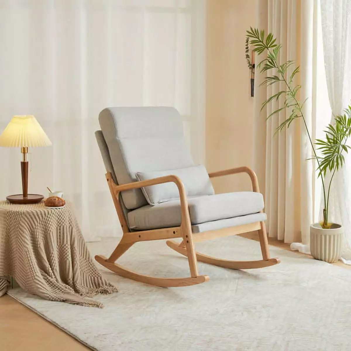 High Back Belt Waist Pillow Rocking Chair Log Color Solid Wood Armrest Light Gray Linen Dual Use YTTX