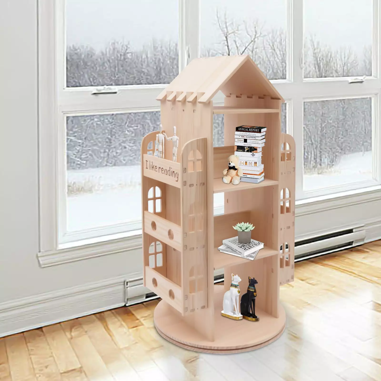 Loyalheartdy 360 Rotatable Bookshelf 4 Layer Wood Display Bookcase Freestanding Large Capacity Storage Organizer Castle Shape