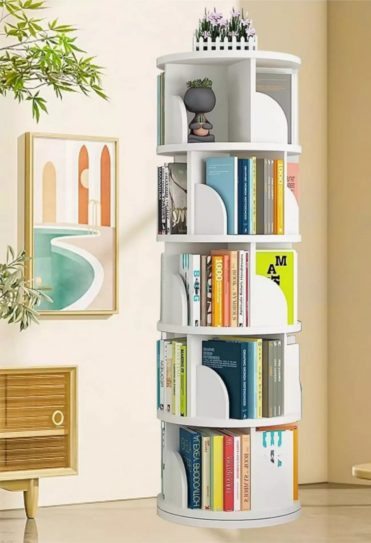 Qunbio 5 Tier Rotating Bookshelf 360 Degrees Revolving Bookcase 20 Shelves Corner Storage