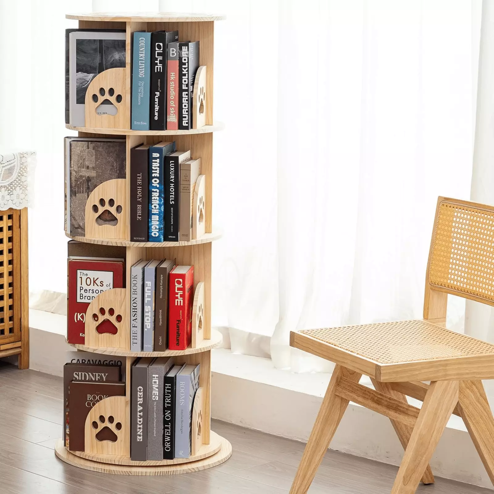 Rotating Bookshelf Solid Wood 4 Tier Kids Bookshelf 360 Display Small Spaces FHWM2