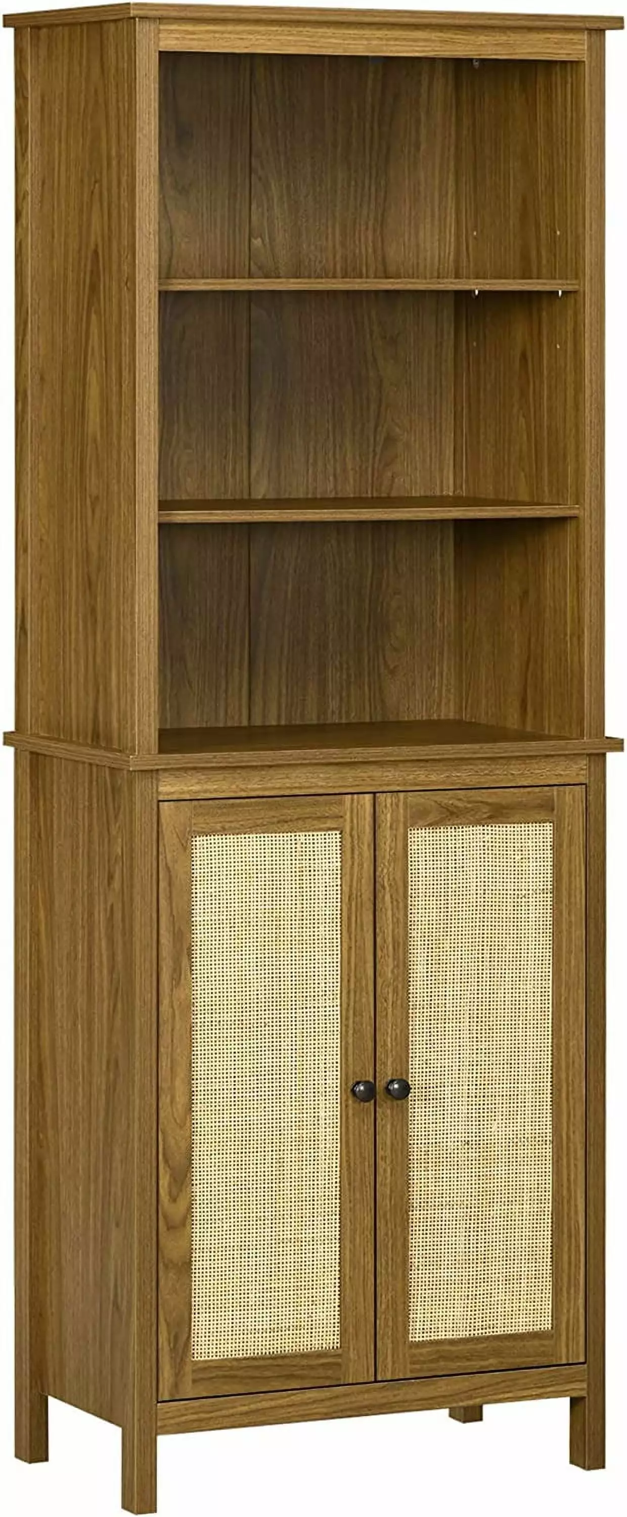 Walnut Rustic Bookshelf Cabinet and Rattan Tall Library Bookcase Home Office ZHIBING