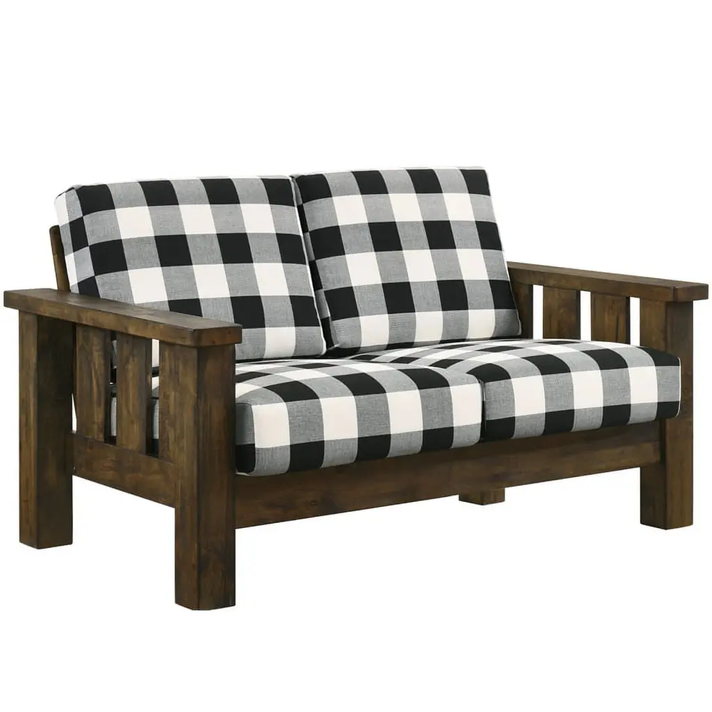 Furniture America Tally Brown Rustic Wood Finish Plaid Fabric Loveseat
