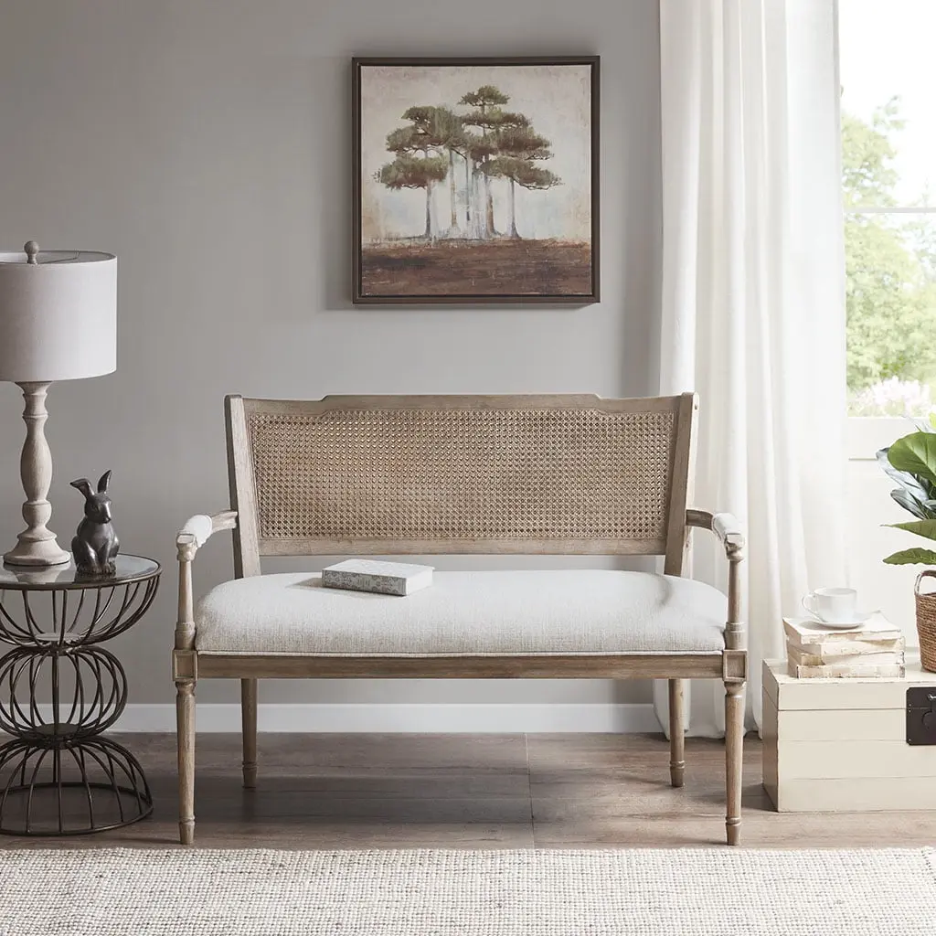 Homiyad Rustic Settee Pillow Topped Arms and Beige Fabric Upholstery