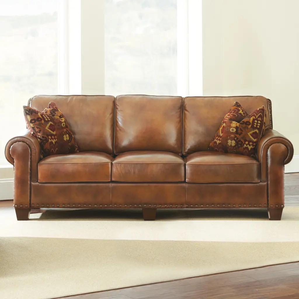 Rustic Styled Leather Sofa - Premium Top-Grain Leather Eight-Way Hand-Tied Springs and Nail-Head Trim Wobythan