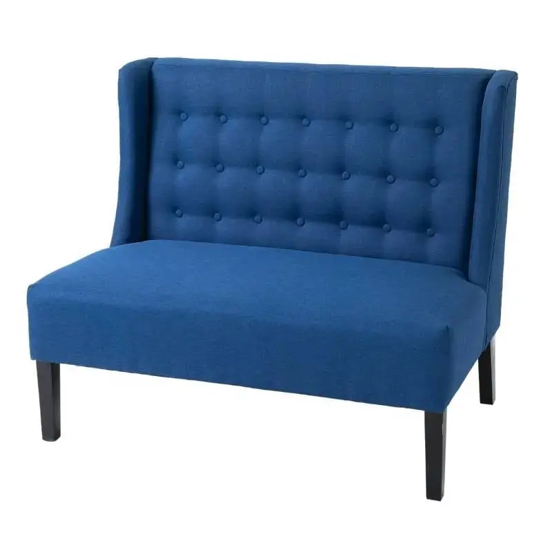 Scandinavian 2 Seater Button Tufted Loveseat Wooden Legs and Blue Linen Upholstery Generic