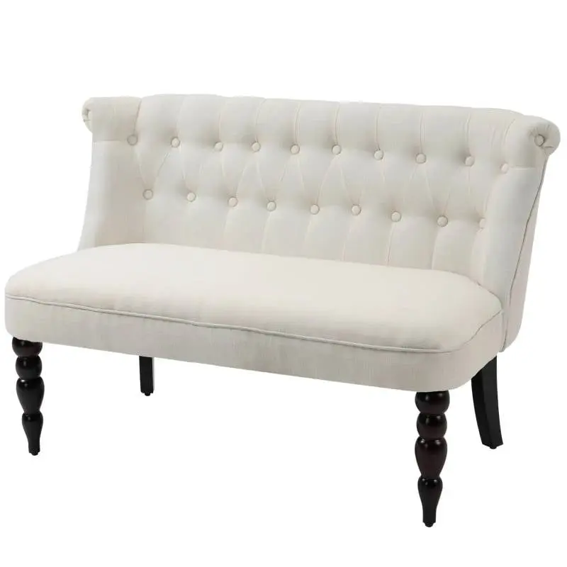 Scandinavian 2 Seater Button Tufted Loveseat Wooden Legs and Cream White Linen Upholstery Generic