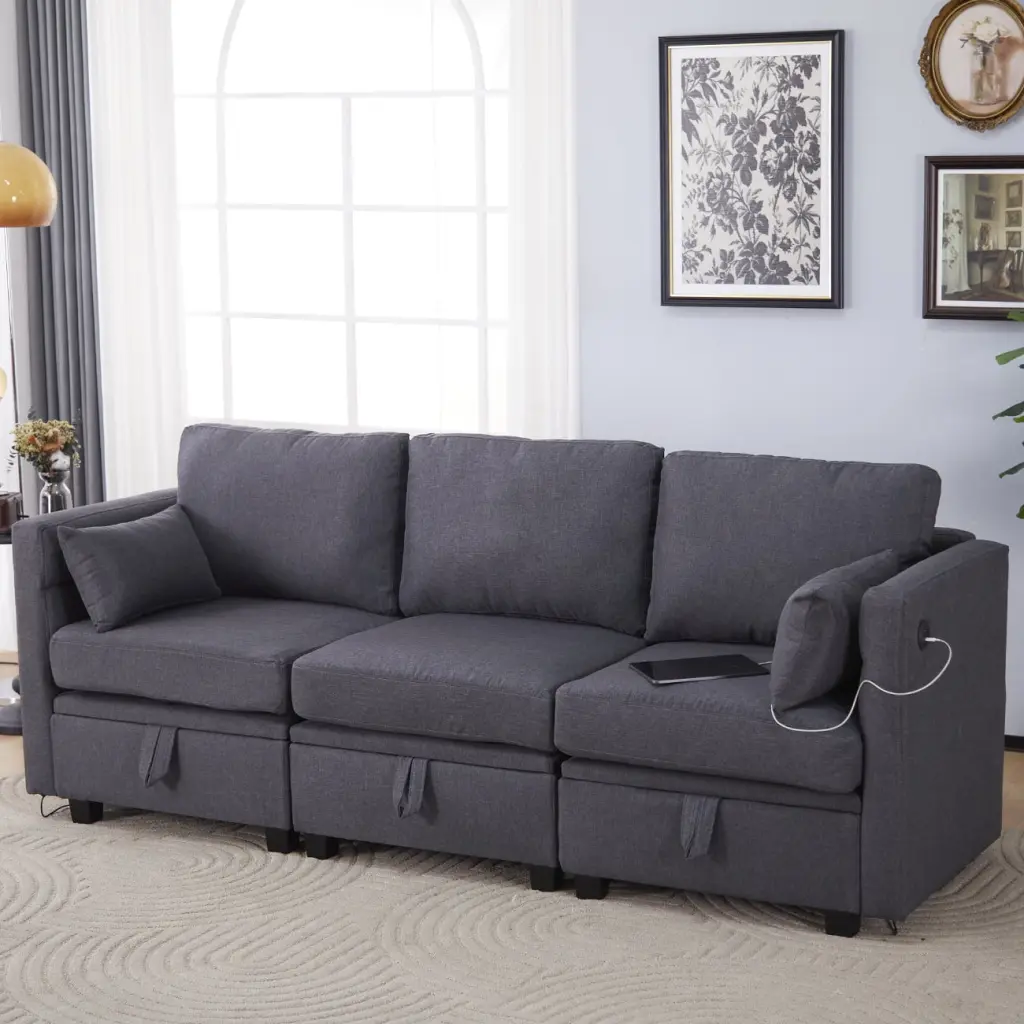 84Modern Gray 3-Seater Loveseat Sofa Chaise and USB Ports BonChoice