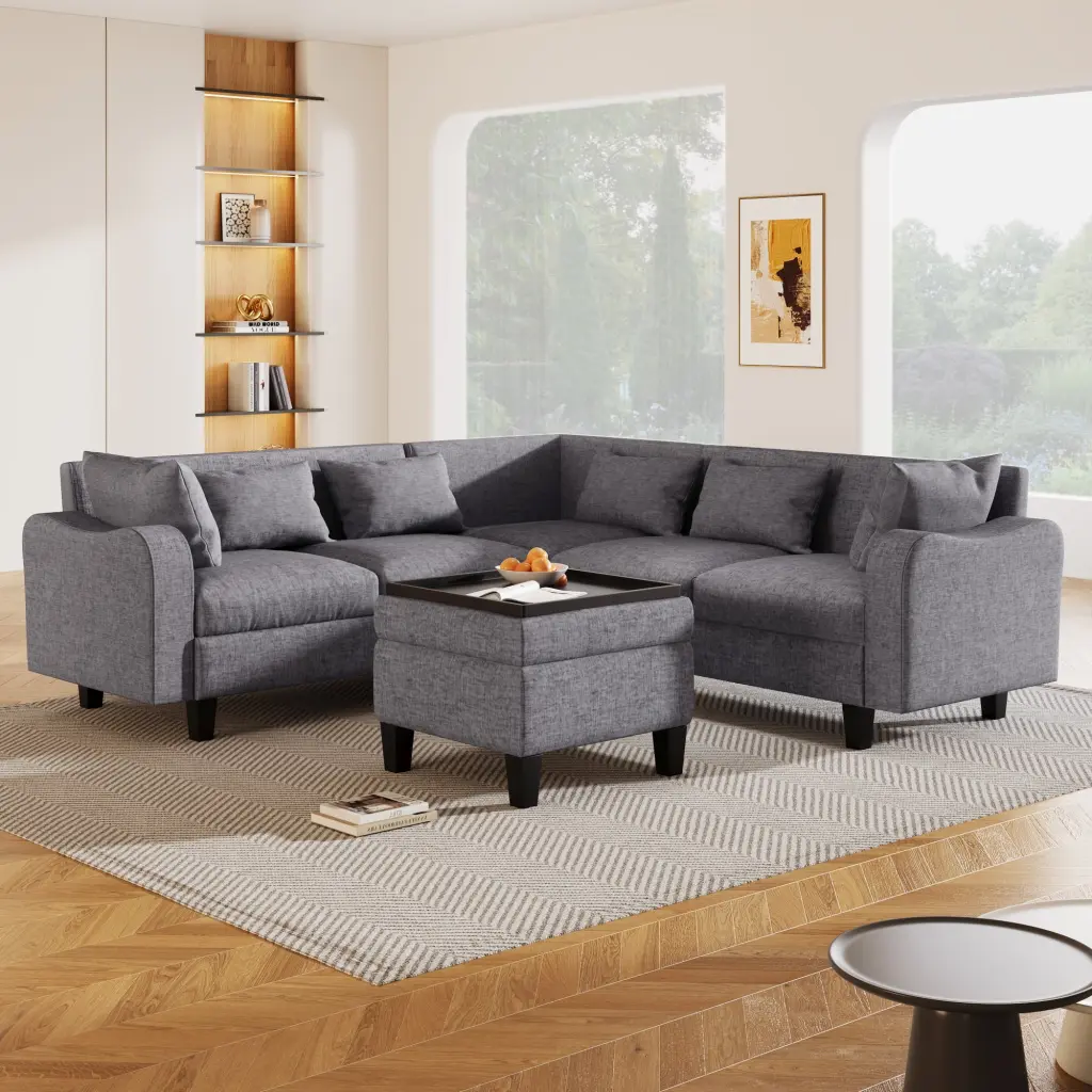 87 Modern Sectional Sofa Coffee Table 6-Seat Couch Set Storage Ottoman Unique Armrests Living Room Apartment Homiyad