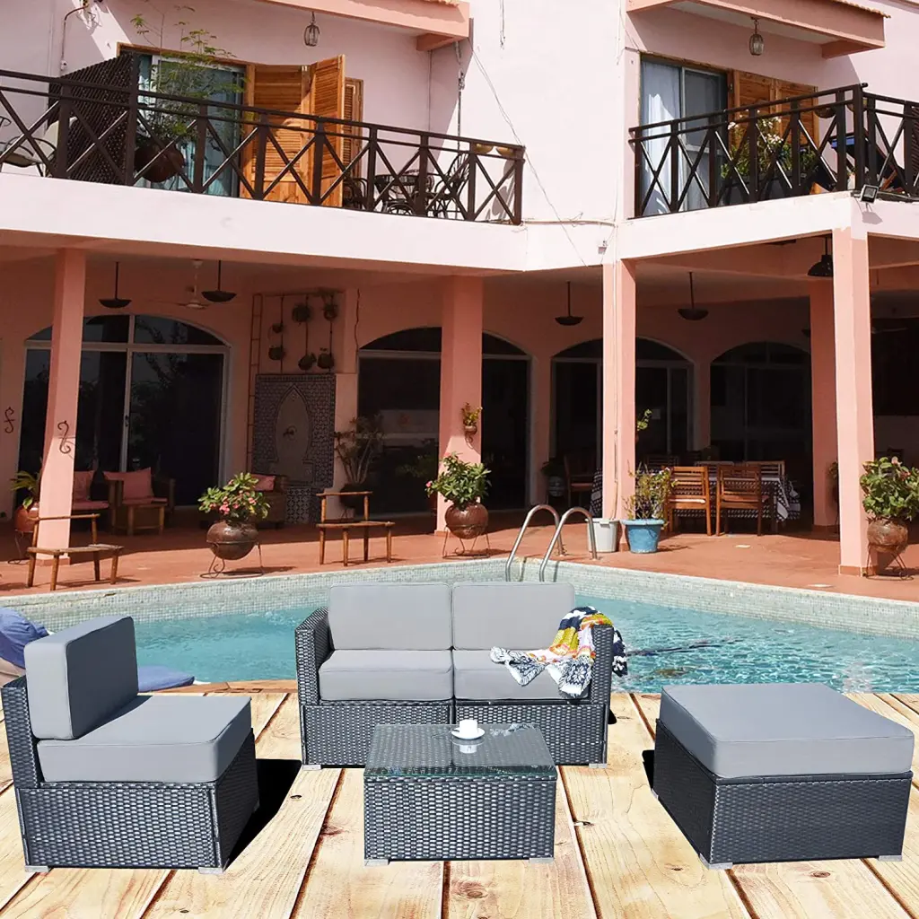 Mcombo 5-Piece Patio PE Wicker Rattan Sectional Sofa Set Outdoor Furniture Cushions Gray