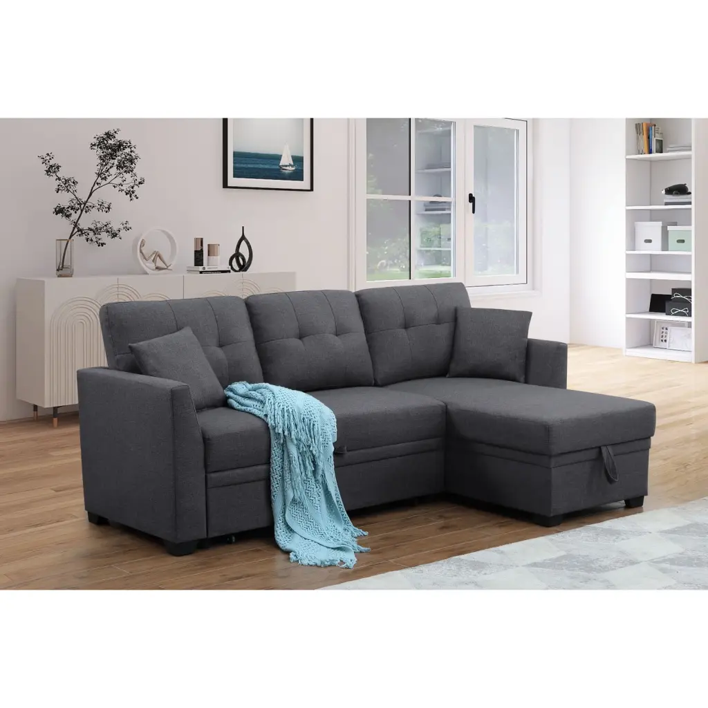 Alexent 81.5 Inch Dark Gray Sleeper Sofa Chaise Storage and Pull-Out Bed Small Spaces