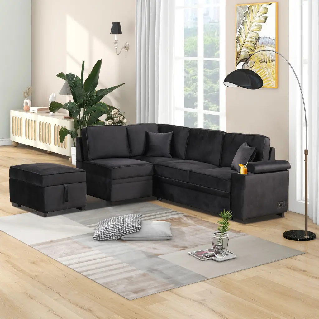 87.4 Inch Sleeper Sofa Bed L Shape Couch Storage Ottoman Small Apartment Black CNCJ