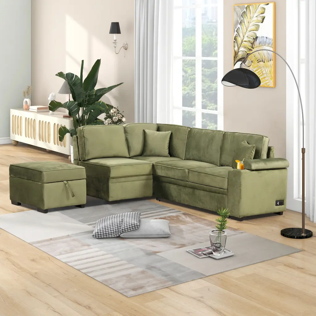 87.4 Inch Sleeper Sofa Bed L Shape Couch Storage Ottoman Small Apartment Green CNCJ
