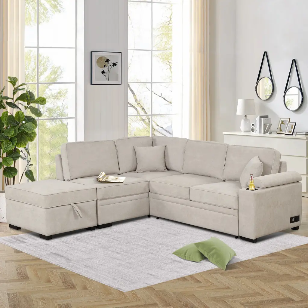 CoSoTower 87.4 Sleeper Sofa Bed 2 1 Pull Out Sofa Bed L Shape Couch Storage Ottoman - Beige