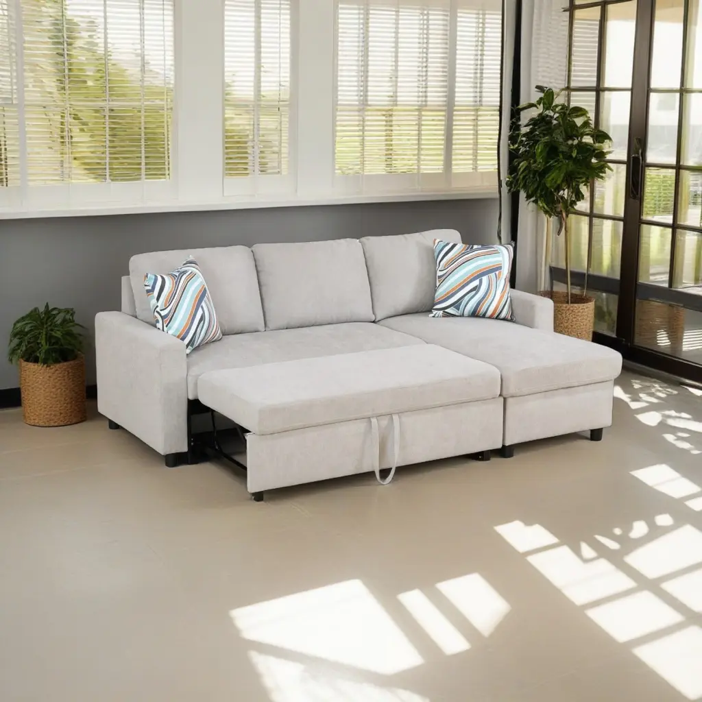 Hommoo Flannelette Reversible L-Shaped Sleeper Sofa Bed Sectional Couch Storage Grey