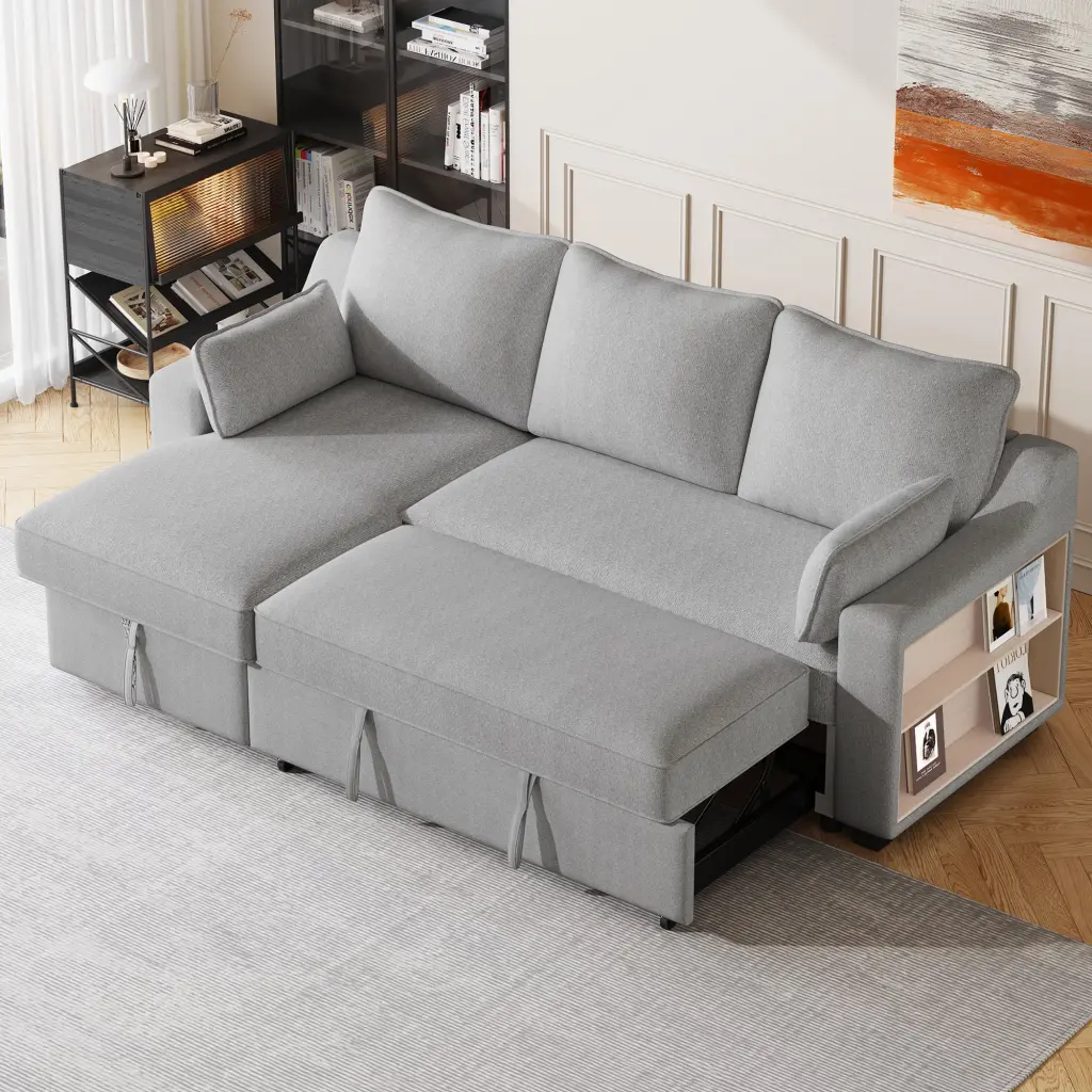 90 Pull Out Sleeper Sofa L-Shaped Couch Convertible Sofa Bed Storage Chaise USB Ports Light Grey Jamini