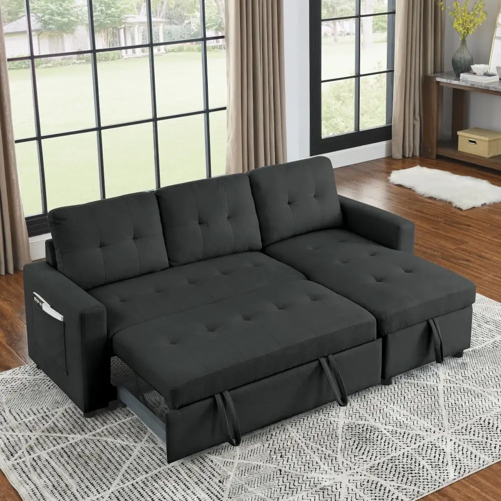 Sleeper Sofa Bed 78.5 Inch Reversible Sectional Pull-Out Bed Storage Chaise Kojooin