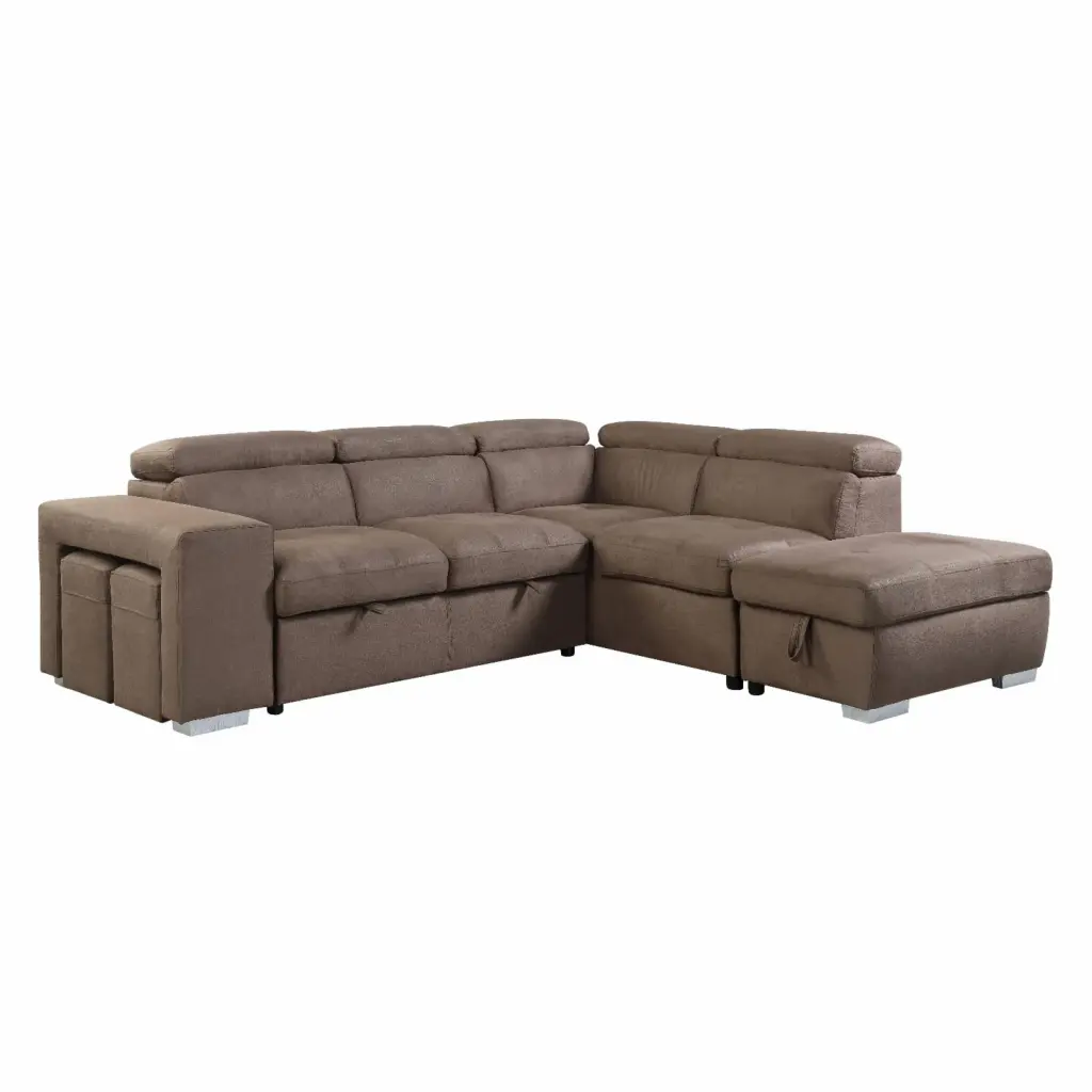 ACME Acoose Sleeper Sectional Sofa 2 Pullout Stools Brown Fabric Acme Furniture