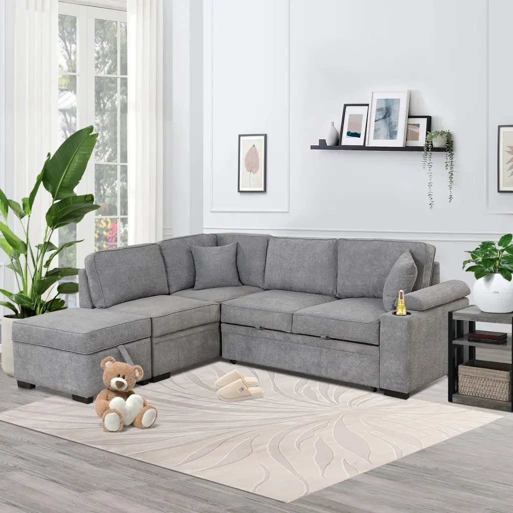 Homiyad 87.4 Sleeper Sofa Bed 2 1 Pull Out L Shape Couch Storage Ottoman Small Apartments