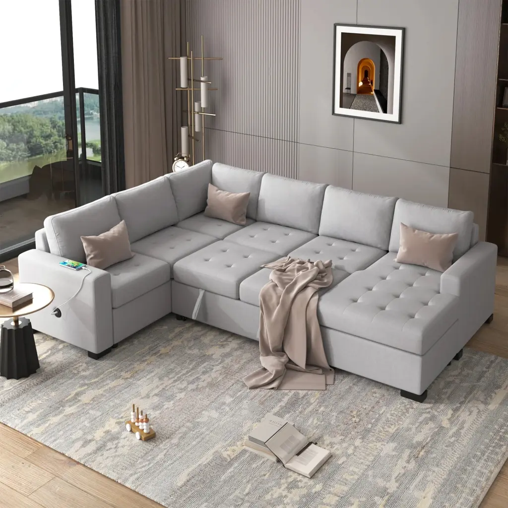 Living Pavilion Sectional Sleeper Sofa Pull out Bed Lounge Chair USB Type C Interfaces Modern Living Room Furniture U Style