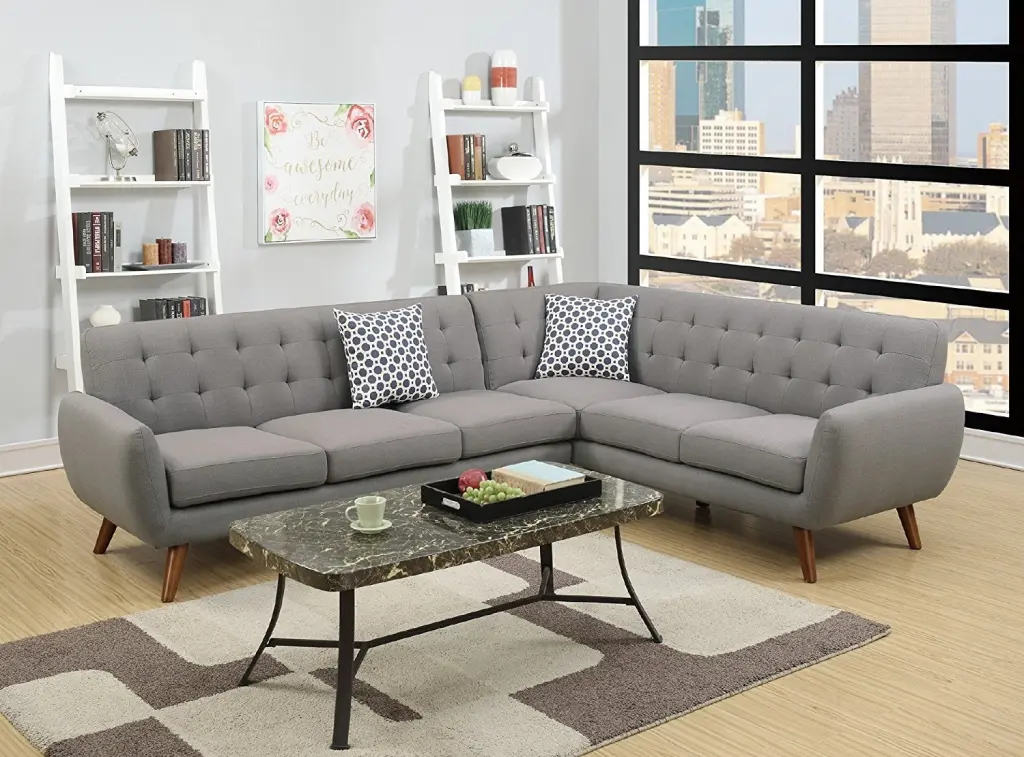 2Pcs Modern Grey Polyfiber Linen-Like Fabric Sectional Sofa Set Clean Lines and Tufted Back Support Amazing Choice