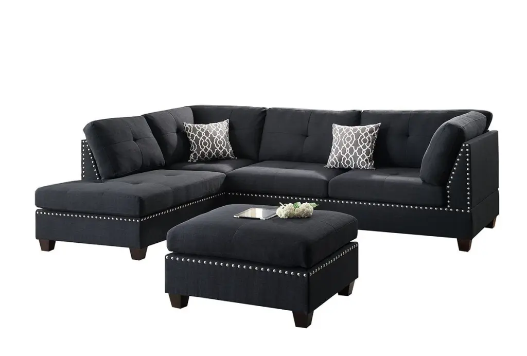 Black Polyfiber Fabric Reversible Chaise Sectional Set Ottoman Left or Right Hand Amazing Choice