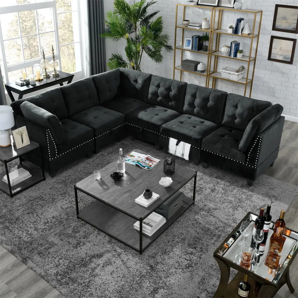 116inch L-Shaped Sectional Sofa Couch Convertible Modular Velvet Upholstery and Nailhead Trim ARCTICSCORPION
