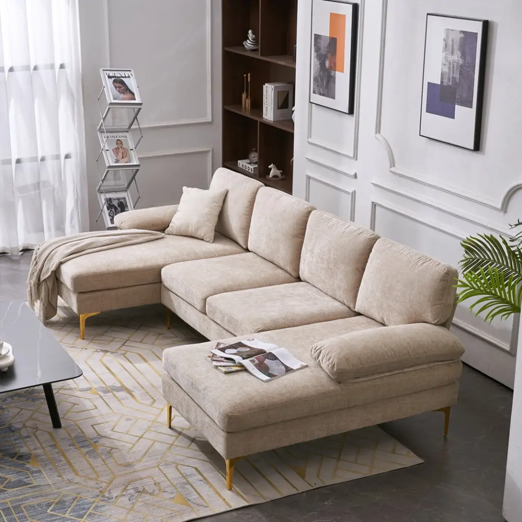 Modular Sectional Couch Modern Luxury 4-Seat Sofa Golden Metal Legs U-Shaped Upholstered Sofa Camel ARCTICSCORPION