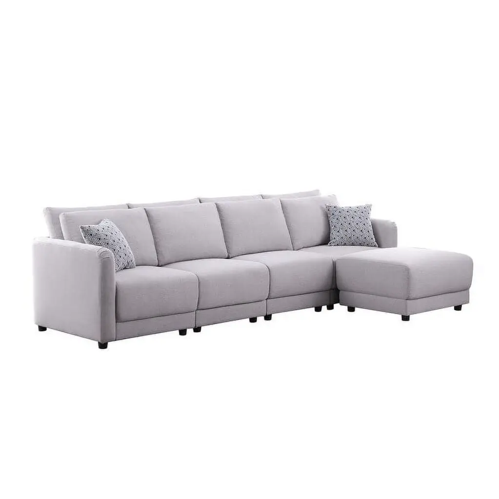 Penelope Light Gray Linen 4-Seater Sofa Ottoman and Decorative Pillows Bed Bath & Beyond