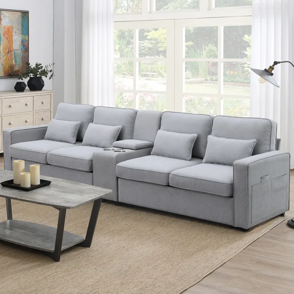 114.2 Upholstered Sofa Console Cupholders USB Ports and 4 Pillows CNCJ