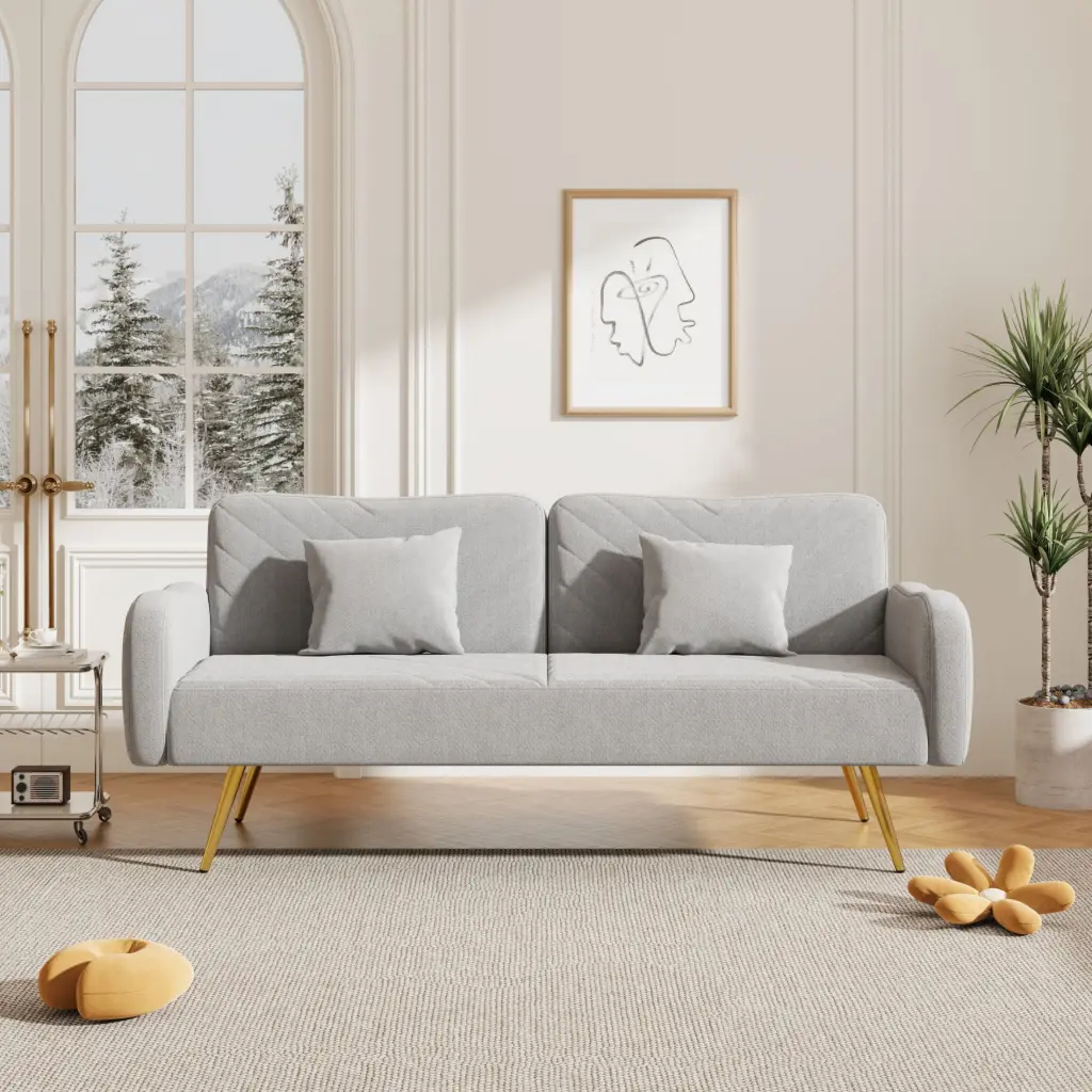 70.47 Gray Fabric Double Sofa Split Backrest And Two Throw Pillows CNCJ