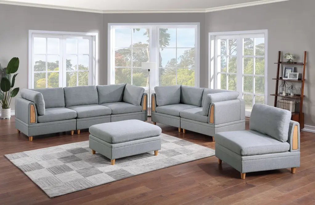 Living Room Furniture 7pc Modular Sofa Set Light Grey Dorris Fabric Couch Ottoman CNCJ