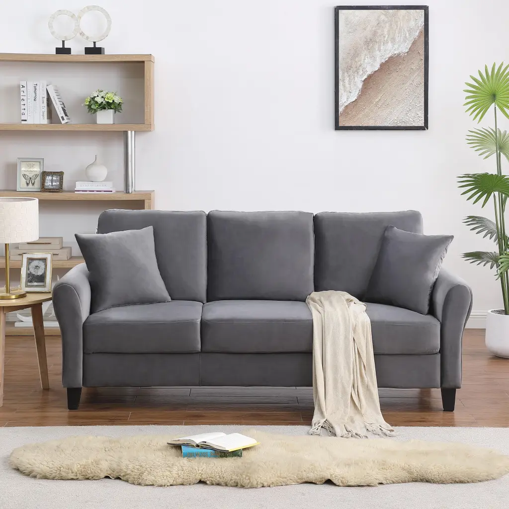 Modern Velvet Couch 2 Pillows 78 Inch Width 3 Seater Sofa Plastic Legs CNCJ