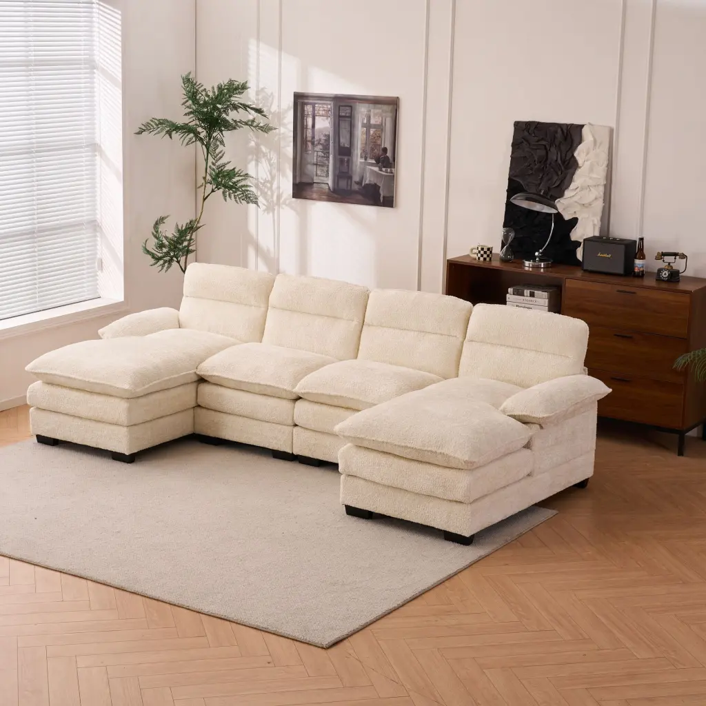 U-Shaped Profile Sofa Modular Chenille Sofa Two Single Seats and Two Chaise White CNCJ